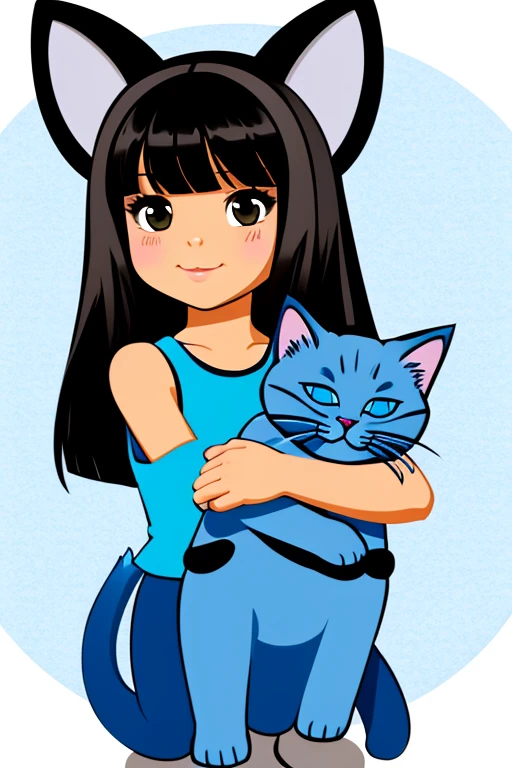 clipart of small girl with dark hair, light skin, and kitty ears carrying a sweet blue Russian kitty