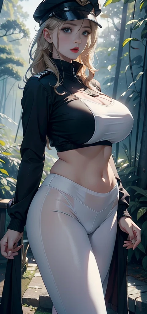 1 female，35 years old，Slim，Very large ，Big breasts and thin waist，Long legs， Solitary，（background：，Cherry blossom forest，Rainforest）standing in the forest， She has short blonde hair，Front view， curls，Cloudy sky，（（（masterpiece），（Very detailed CG unified 8K wallpaper），best quality，Light，Detailed background，Beautiful and delicate eyes，Smart pupils，black eyes，Snow-white skin，Red lips（very delicate and beautiful），（Beautiful and detailed description of the eyes），Ultra Detailed，masterpiece，））Facing the camera，high resolution，Ultra Detailed），Nude，officer，No underwear，Black leggings，Green baseball jacket，Military cap and a very very big breasts is visible in front with a wet transparent white leggings 