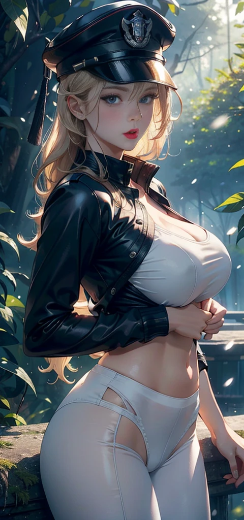 1 female,35 years old,Slim,Very large ,Big breasts and thin waist,Long legs, Solitary,(background:,Cherry blossom forest,Rainforest)standing in the forest, She has short blonde hair,Front view, curls,Cloudy sky,(((masterpiece),(Very detailed CG unified 8K wallpaper),best quality,Light,Detailed background,Beautiful and delicate eyes,Smart pupils,black eyes,Snow-white skin,Red lips(very delicate and beautiful),(Beautiful and detailed description of the eyes),Ultra Detailed,masterpiece,))Facing the camera,high resolution,Ultra Detailed),Nude,officer,No underwear,Black leggings,Green baseball jacket,Military cap and a very very big breasts is visible in front with a wet transparent white leggings