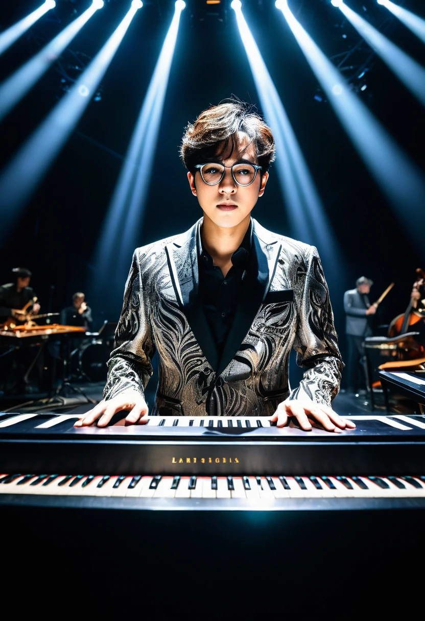 (Wearing Glasses, face), the musician stands on stage, focused on playing under the spotlight, his glasses move slightly with his expression, and beautiful melodies flow on the keys. The background is the stage and the spotlight, full body, (Photography), panoramic view, award-winning, cinematic still, emotional, vignette, dynamic, vivid, (masterpiece, best quality, Professional, perfect composition, very aesthetic, absurdres, ultra-detailed, intricate details:1.3)