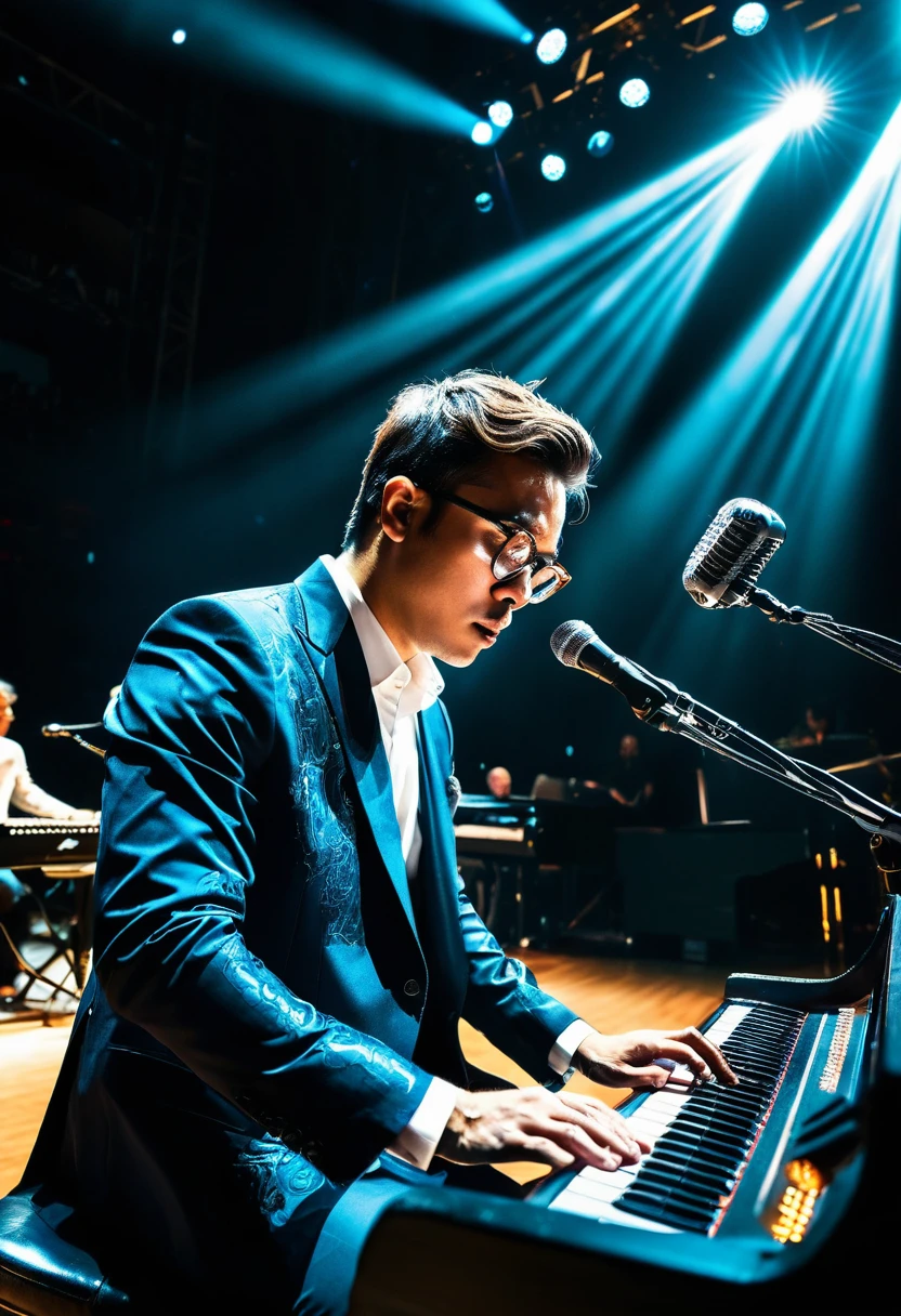 (Wearing Glasses, face), the musician stands on stage, focused on playing under the spotlight, his glasses move slightly with his expression, and beautiful melodies flow on the keys. The background is the stage and the spotlight, full body, (Photography), panoramic view, award-winning, cinematic still, emotional, vignette, dynamic, vivid, (masterpiece, best quality, Professional, perfect composition, very aesthetic, absurdres, ultra-detailed, intricate details:1.3)