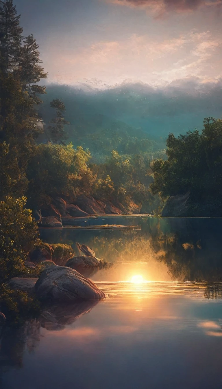 High-quality illustrations, wallpaper of smartphones, summer, lake, dawn, forest, clouds, masterpiece, cinematic, soft light, depth of field, ray tracing, reflection in water, dramatic composition,