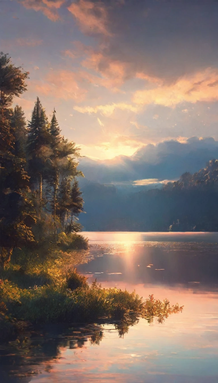 High-quality illustrations, wallpaper of smartphones, summer, lake, dawn, forest, clouds, masterpiece, cinematic, soft light, depth of field, ray tracing, reflection in water, dramatic composition,