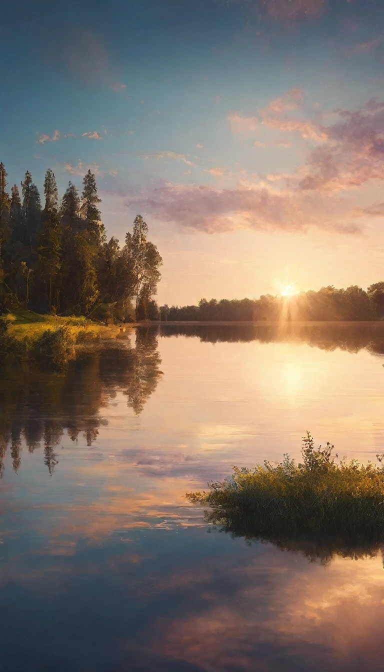 High-quality illustrations, wallpaper of smartphones, summer, lake, dawn, forest, clouds, masterpiece, cinematic, soft light, depth of field, ray tracing, reflection in water, dramatic composition,