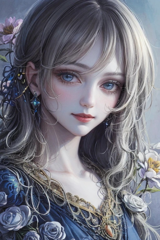 masterpiece: 1.7, top-quality、(Highly detailed CG、Ultra-detail、Best Shadow:1.3)、solo、full body Esbian、Painterly、sketch、Paper texture、超A high resolution、extra detailed face、Highly detailed eyes、flat-colors、limited pallete、highcontrast、realisitic、The best lighting、goddes、Graceful、Leprechaun、a matural female、Beautuful Women、Jewel Eyes、White hair、Straight hair、blue gemstone、a little bit smile、blanche:1.5、(zentangle、a Mandala、Tangle、Entangle:1)、flowers in background、lots of flower