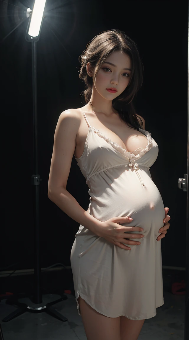 best quality, masterpiece, ultra high resolution, (fidelity: 1.4), original photo, pregnant, hard nipple, Mature, outer and inner dress, Cinema lighting