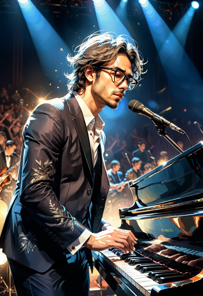 (Award-Winning Moment, holding prize), at music awards ceremony, a musician receives an award for outstanding contribution. Standing on stage, surrounded by band members and fans, full body, award-winning, cinematic still, emotional, vignette, dynamic, vivid, (masterpiece, best quality, photorealistic, Professional, perfect composition, very aesthetic, absurdres, ultra-detailed, intricate details:1.3)