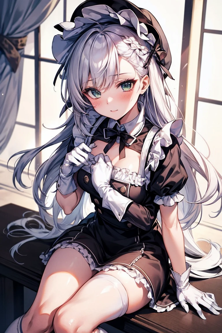 See through,underwear,(masterpiece, Highest quality:1.2),figure,8K,High resolution,One girl,alone,very_length_hair,big_chest,white_hair,前hair,chestの谷間,Braiding,green_eye,French_Braiding,collarbone,purple_eye,Lock,collar,dress,Frills,Maid,Maid_headdress,white_gloves,white_Knee socks,Maid_apron,white_apron,Frillsの_apron,gray_hair,Frillsの_gloves,greenい夏の空,Washing,hold the sheet in your hand,Respect,長いgloves、Fascinating、invite、sexy、dynamic、squat。Spread your legs。Sitting