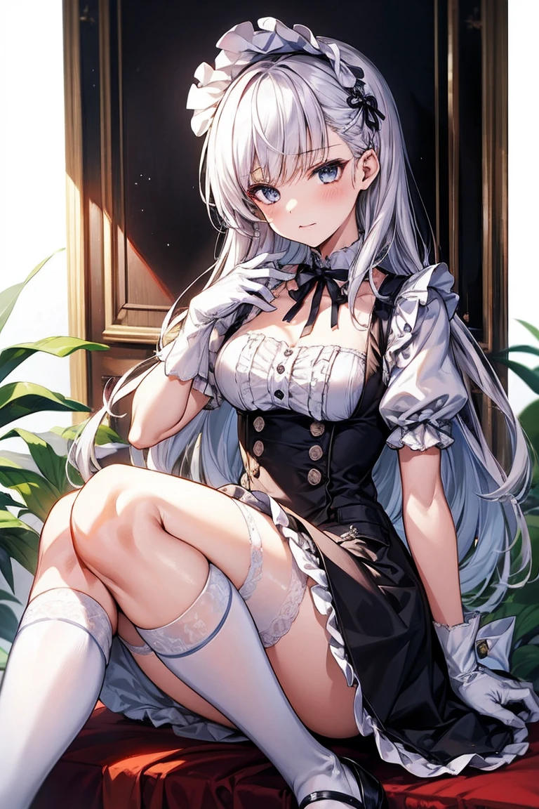 See through,underwear,(masterpiece, Highest quality:1.2),figure,8K,High resolution,One girl,alone,very_length_hair,big_chest,white_hair,前hair,chestの谷間,Braiding,green_eye,French_Braiding,collarbone,purple_eye,Lock,collar,dress,Frills,Maid,Maid_headdress,white_gloves,white_Knee socks,Maid_apron,white_apron,Frillsの_apron,gray_hair,Frillsの_gloves,greenい夏の空,Washing,hold the sheet in your hand,Respect,長いgloves、Fascinating、invite、sexy、dynamic、squat。Spread your legs。Sitting