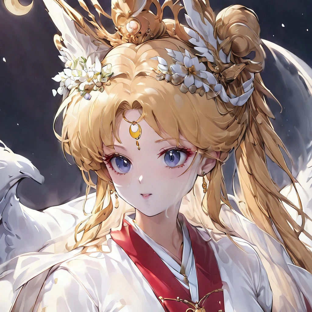 ((Highest quality)), ((masterpiece)), (detailed), (Perfect Face)、The woman has a black inverted crescent moon mark on her forehead, is wearing a gorgeous and glittering red Hanfu, and is an empress wearing a phoenix crown with gorgeous jeweled accessories.、The woman is Queen Serenity, the elegant Empress of the Black Moon of the Black Moon Clan, and has blonde hair.2With her long hair tied up, she is Queen Serenity