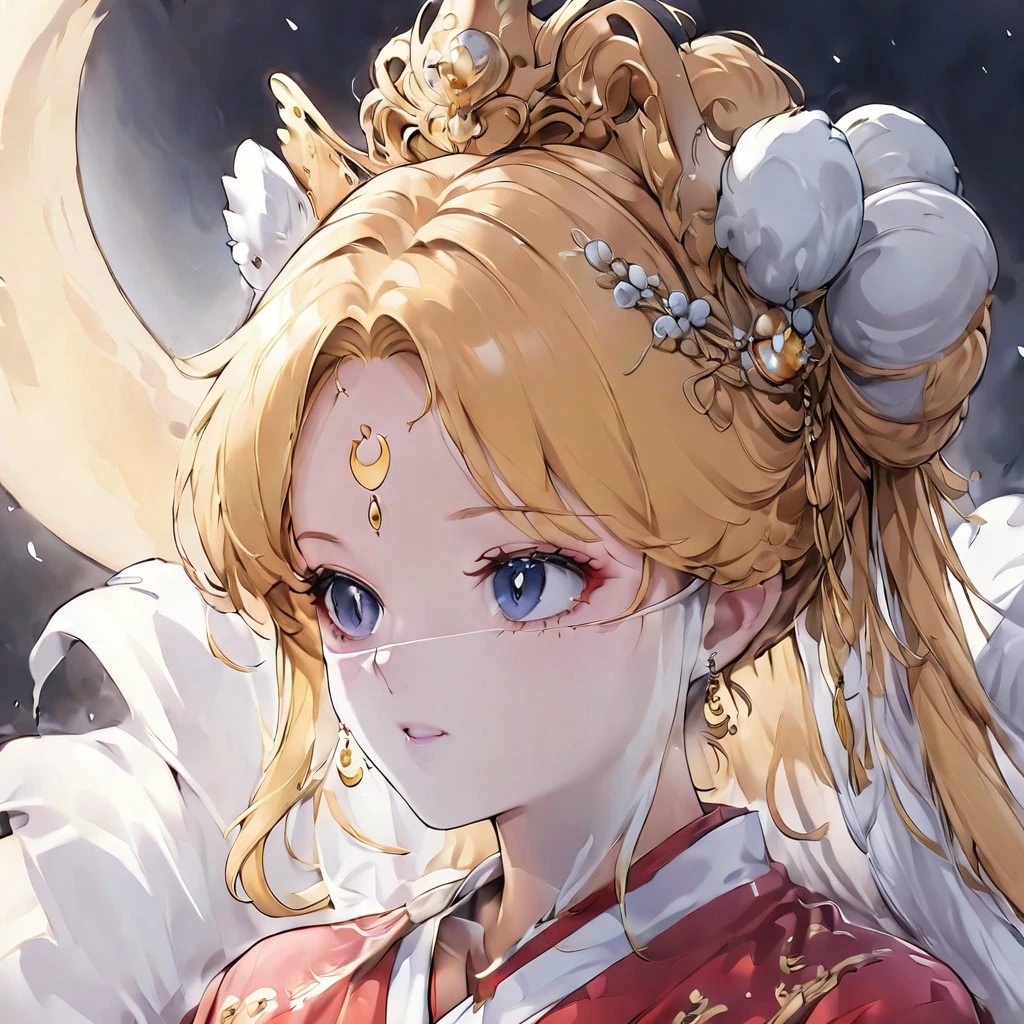 ((Highest quality)), ((masterpiece)), (detailed), （Perfect Face）、The woman has a black inverted crescent moon mark on her forehead, is wearing a gorgeous and glittering red Hanfu, and is an empress wearing a phoenix crown with gorgeous jeweled accessories.、The woman is Queen Serenity, the elegant Empress of the Black Moon of the Black Moon Clan, and has blonde hair.２With her long hair , she is Queen Serenity