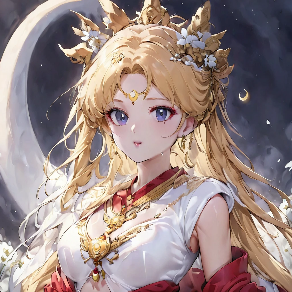 ((Highest quality)), ((masterpiece)), (detailed), (Perfect Face)、The woman has a black inverted crescent moon mark on her forehead, is wearing a gorgeous and glittering red Hanfu, and is an empress wearing a phoenix crown with gorgeous jeweled accessories.、The woman is Queen Serenity, the elegant Empress of the Black Moon of the Black Moon Clan, and has blonde hair.2With her long hair tied up, she is Queen Serenity