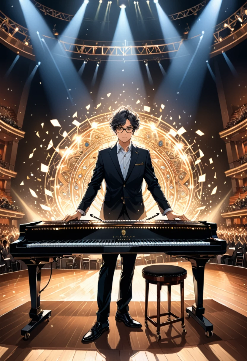 (Wearing Glasses, face), the musician stands on stage, focused on playing under the spotlight, his glasses move slightly with his expression, and beautiful melodies flow on the keys. The background is the stage and the spotlight, full body, (Photography), panoramic view, award-winning, cinematic still, emotional, vignette, dynamic, vivid, (masterpiece, best quality, Professional, perfect composition, very aesthetic, absurdres, ultra-detailed, intricate details:1.3)