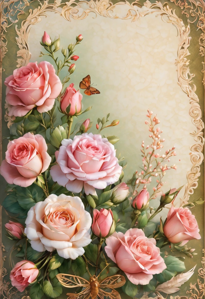 (((masterpiece))), (((Highest quality))), ((Super detailed)), (Highly detailed CG illustrations), ((非常にdelicateで美しい)), (overhead shot),(最高masterpiece:1.4),delicate,8k,( Background Pages:1.4),race,Lots of ribon,Rococo, roses,(gypsophila),(VINTAGE light salmon SCRAPPY PAPERS), a selection of pretty pages with flowers that will work with,((Digital Paper:1.4)),Stamperia,(DAPHNE’S DIARY:1.4),Watercolor
