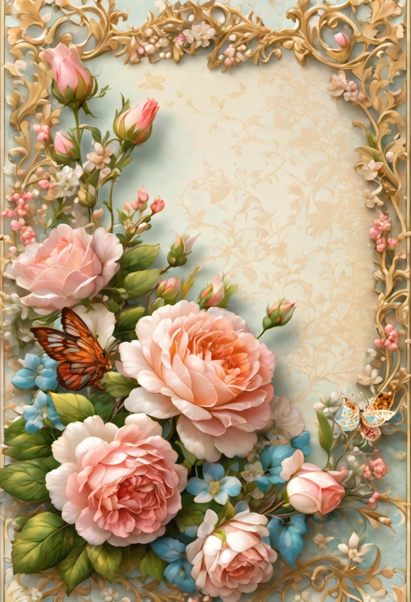 (((masterpiece))), (((Highest quality))), ((Super detailed)), (Highly detailed CG illustrations), ((非常にdelicateで美しい)), (overhead shot),(最高masterpiece:1.4),delicate,8k,( Background Pages:1.4),race,Lots of ribon,Rococo, roses,(gypsophila),(VINTAGE light salmon SCRAPPY PAPERS), a selection of pretty pages with flowers that will work with,((Digital Paper:1.4)),Stamperia,(DAPHNE’S DIARY:1.4),Watercolor