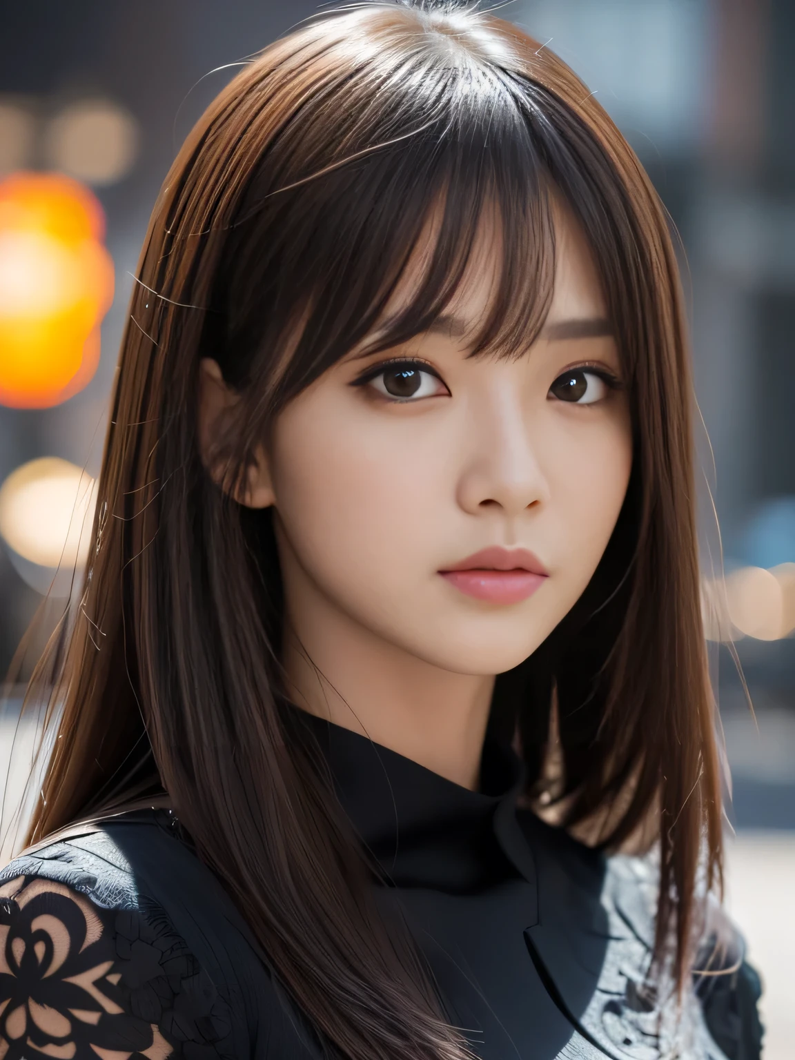 masterpiece, best quality, ultra-detailed, intricately detailed hyperdetailed, realistic, sharp features, highly detailed, sharp focus, Japanese idol, perfect face, perfect symmetrically perfect eyes, perfect full lips, flexible female form, cinematic, neon light, Shadow, hyper detailed, hyper realistic, high resolution, vibrant, dynamic lighting, background, (long hair, straight Bangs), brown Eyes, black blouse, Portraiture,