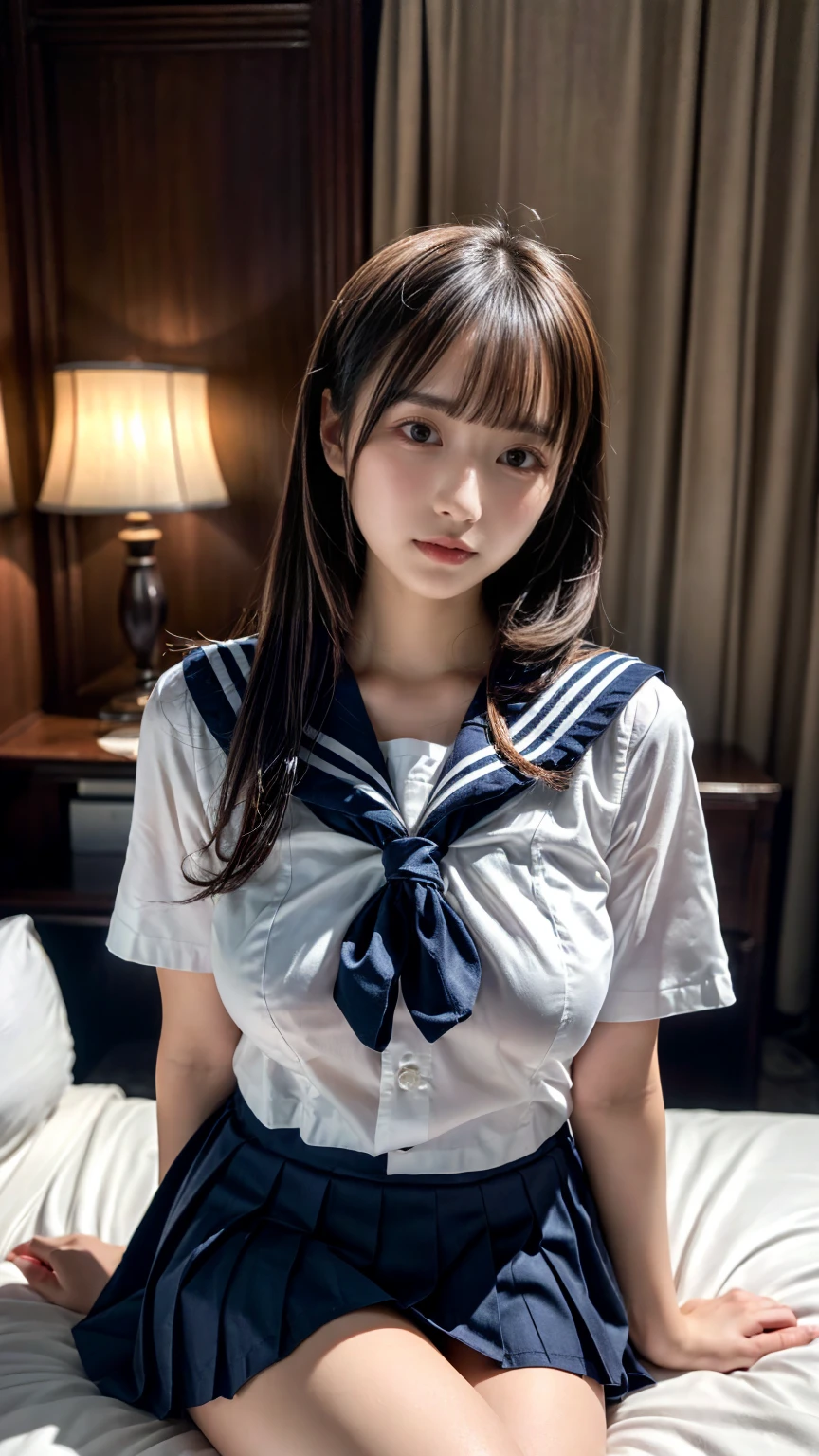 masterpiece, best quality, illustration, Super detailed, fine details, High resolution, 8K,wall paper, perfect dynamic composition,(Details High quality, realistic depiction of eyes:1.3), (Sailor Uniform, serafuku, Navy pleated skirt), large breasts,short bob hair, black hair color, Big Natural Color Lip, bold sexy pose, crying a little、cold gaze, Harajuku style、20 year old girl、cute type、ta、beautiful legs, hotel room, hposing Gravure Idol, woman on top, straddling, sitting)