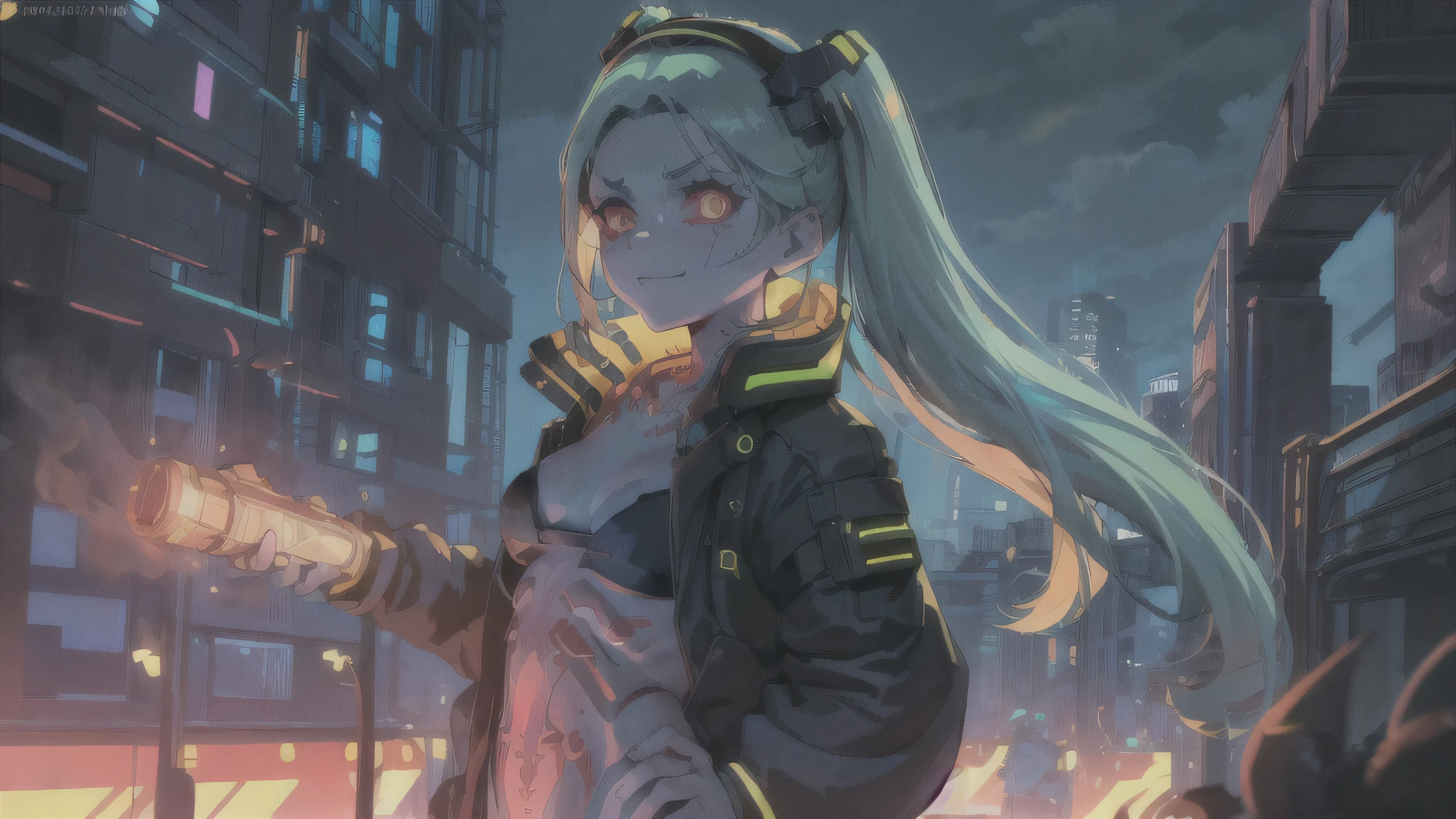 masterpiece, best quality, ultra-detailed, illustration, epic lighting, cinematic composition, 1girl, cute, red sclera,red pupils, cyborgunder, tattoo, green hair, colored skin, small breasts, black jacket, standing, legs apart, enchanting gaze, captivating pose, upper body:1.1, looking at viewer, smirk, closed mouth, outdoors, city, cyberpunk, neon lights, street, (night, dark, darkness, pitch black, shadows:1.4), (8k:1.1),