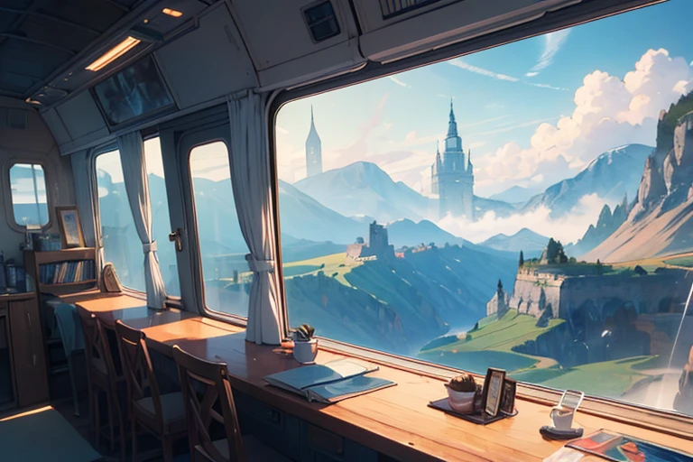 Spectacular view from the airship cabin, (Ultra-high resolution,8K),Fantasy, The world of picture books