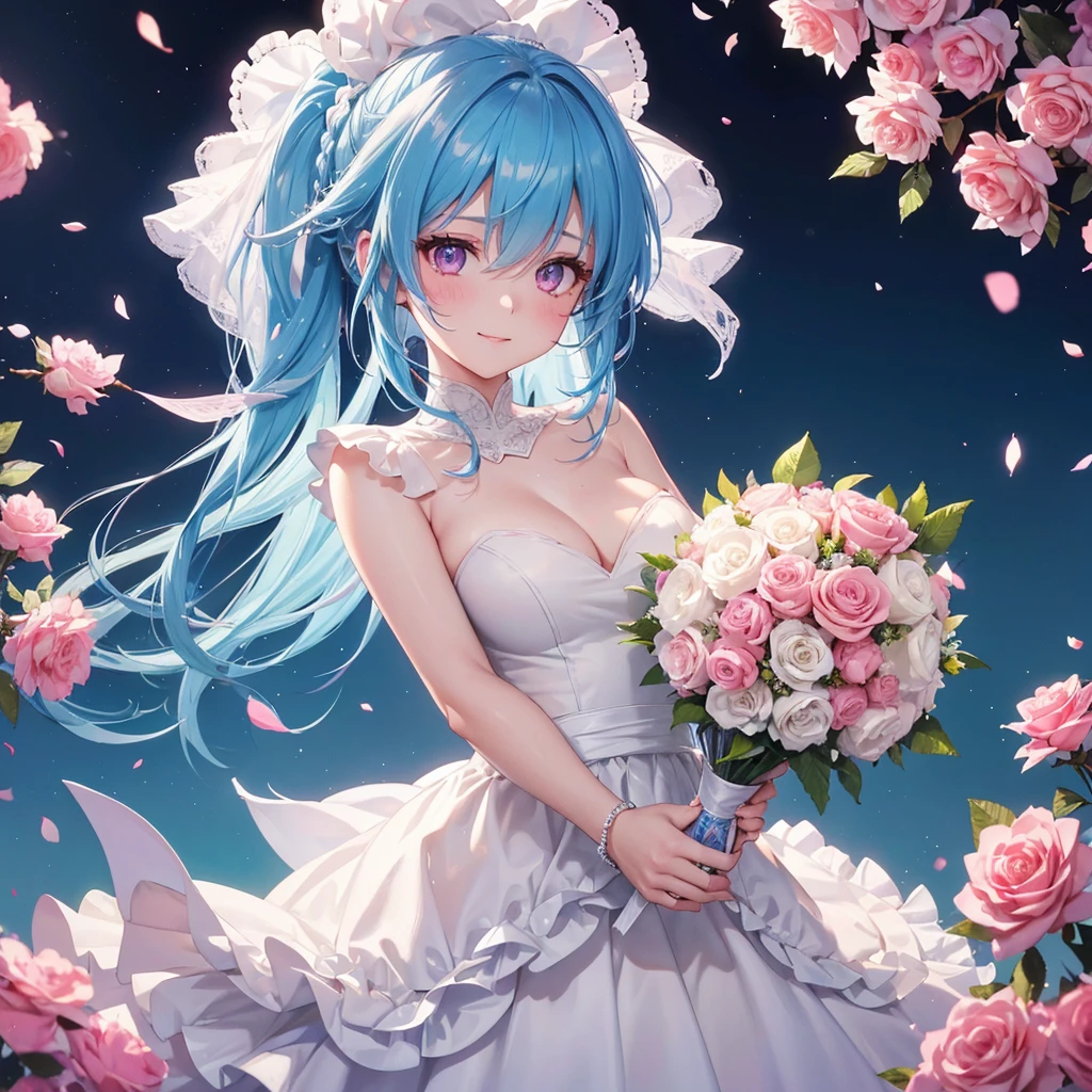 Sky blue hair, (Braided Ponytail),(Pink Eyes),Fair skin ,(whole body),(One girl),bride,A big smile,Straight bangs, 6月のbride,Wedding dress,(masterpiece, Highest quality, Very detailed, Best Shadow), (Detailed Background), (Beautifully detailed face), High Contrast, (Best lighting, Very delicate and beautiful), ((Cinematic Light)), colorful, Hyper Detail, Dramatic Light, Intricate details,Chapel background,Bouquet of roses,Ring on left ring finger,