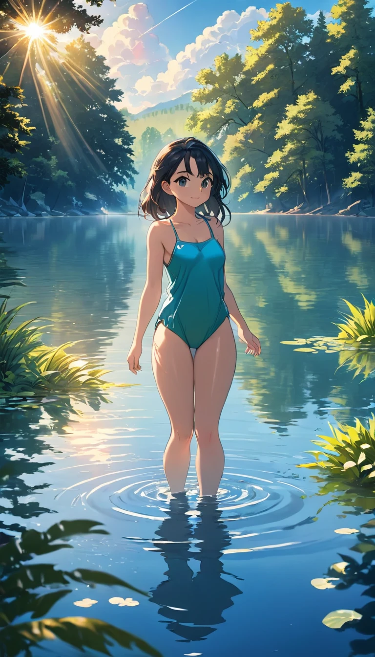 High-quality illustrations, wallpaper of smartphones, summer, lake, dawn, forest, clouds, masterpiece, cinematic, soft light, depth of field, ray tracing, reflection in water, dramatic composition, Bathing in the water, 1girl, calendar,