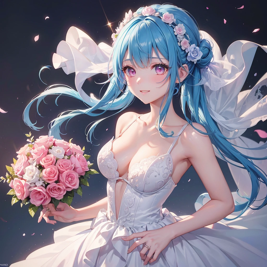 Sky blue hair, (Braided Ponytail),(Pink Eyes),Fair skin ,(whole body),(One girl),bride,A big smile,Straight bangs, 6月のbride,Wedding dress,(masterpiece, Highest quality, Very detailed, Best Shadow), (Detailed Background), (Beautifully detailed face), High Contrast, (Best lighting, Very delicate and beautiful), ((Cinematic Light)), colorful, Hyper Detail, Dramatic Light, Intricate details,Chapel background,Bouquet of roses,Ring on left ring finger,