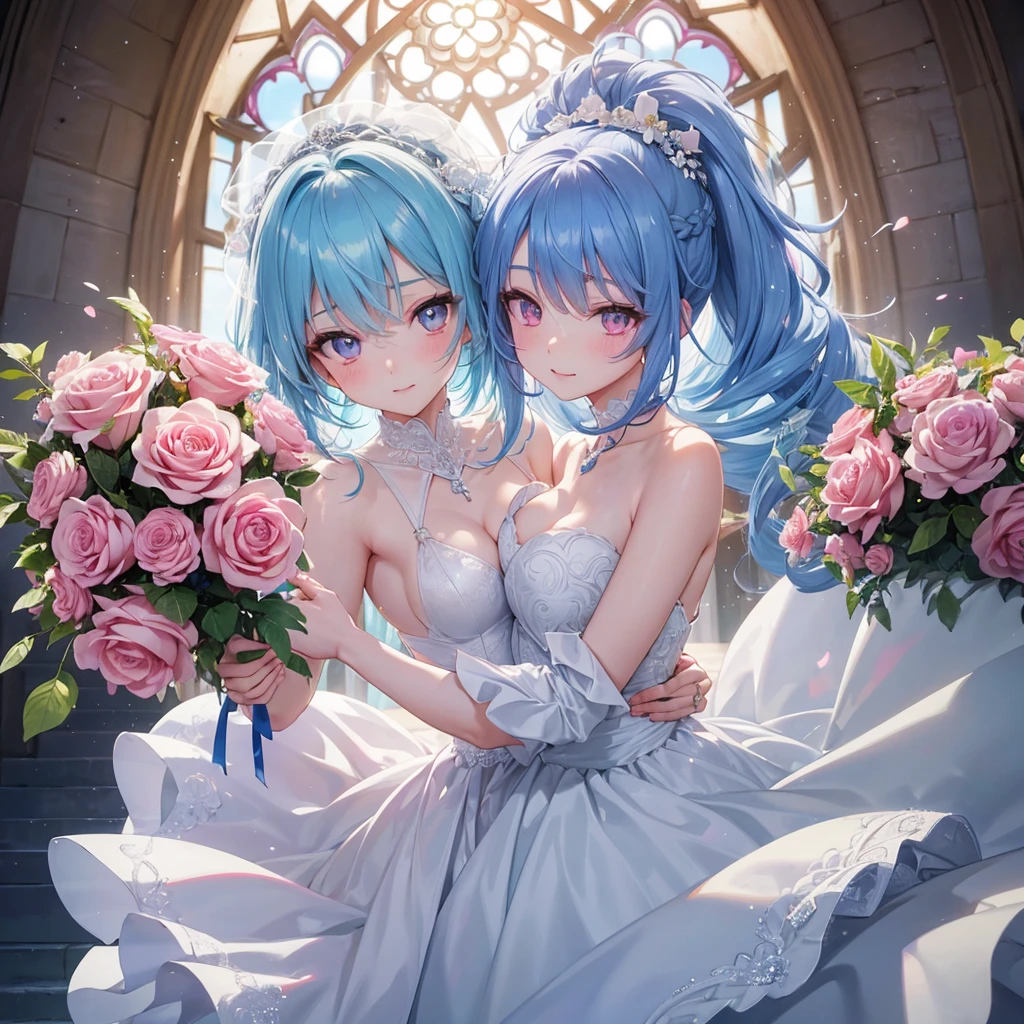 Sky blue hair, (Braided Ponytail),(Pink Eyes),Fair skin ,(whole body),(One girl),bride,A big smile,Straight bangs, 6月のbride,Wedding dress,(masterpiece, Highest quality, Very detailed, Best Shadow), (Detailed Background), (Beautifully detailed face), High Contrast, (Best lighting, Very delicate and beautiful), ((Cinematic Light)), colorful, Hyper Detail, Dramatic Light, Intricate details,Chapel background,Bouquet of roses,Ring on left ring finger,