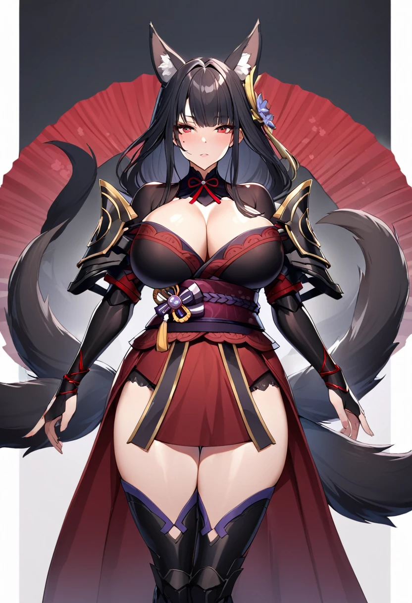 Beautiful black Kitsune, red eyes, highly detailed face, highly detailed eyes, big breasts, mature woman, several black kitsune tails, soft long Black Kitsune ears, Wearing Red And Black Shogun Armor, wide waist