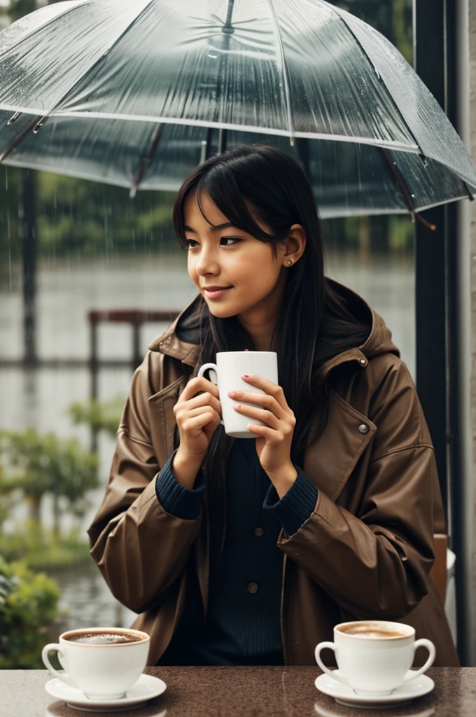 Rainy afternoon a girl enjoying a hot drink