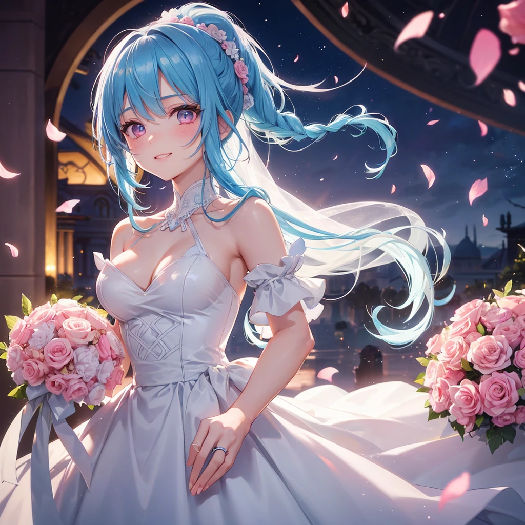 Sky blue hair, (Braided Ponytail),(Pink Eyes),Fair skin ,(whole body),(One girl),bride,A big smile,Straight bangs, 6月のbride,Wedding dress,(masterpiece, Highest quality, Very detailed, Best Shadow), (Detailed Background), (Beautifully detailed face), High Contrast, (Best lighting, Very delicate and beautiful), ((Cinematic Light)), colorful, Hyper Detail, Dramatic Light, Intricate details,Chapel background,Bouquet of roses,Ring on left ring finger,