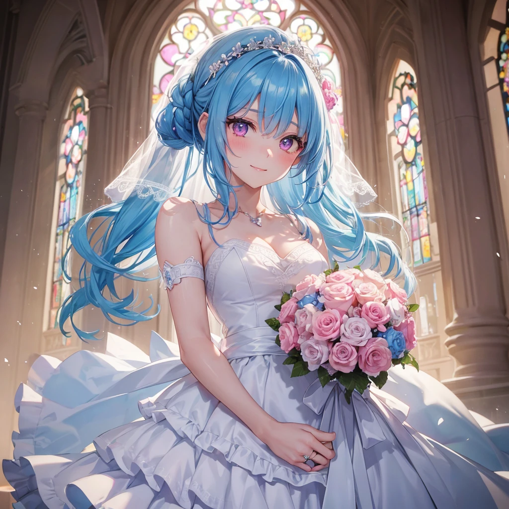 Sky blue hair, (Braided Ponytail),(Pink Eyes),Fair skin ,(whole body),(One girl),bride,A big smile,Straight bangs, 6月のbride,Wedding dress,(masterpiece, Highest quality, Very detailed, Best Shadow), (Detailed Background), (Beautifully detailed face), High Contrast, (Best lighting, Very delicate and beautiful), ((Cinematic Light)), colorful, Hyper Detail, Dramatic Light, Intricate details,Chapel background,Bouquet of roses,Ring on left ring finger,