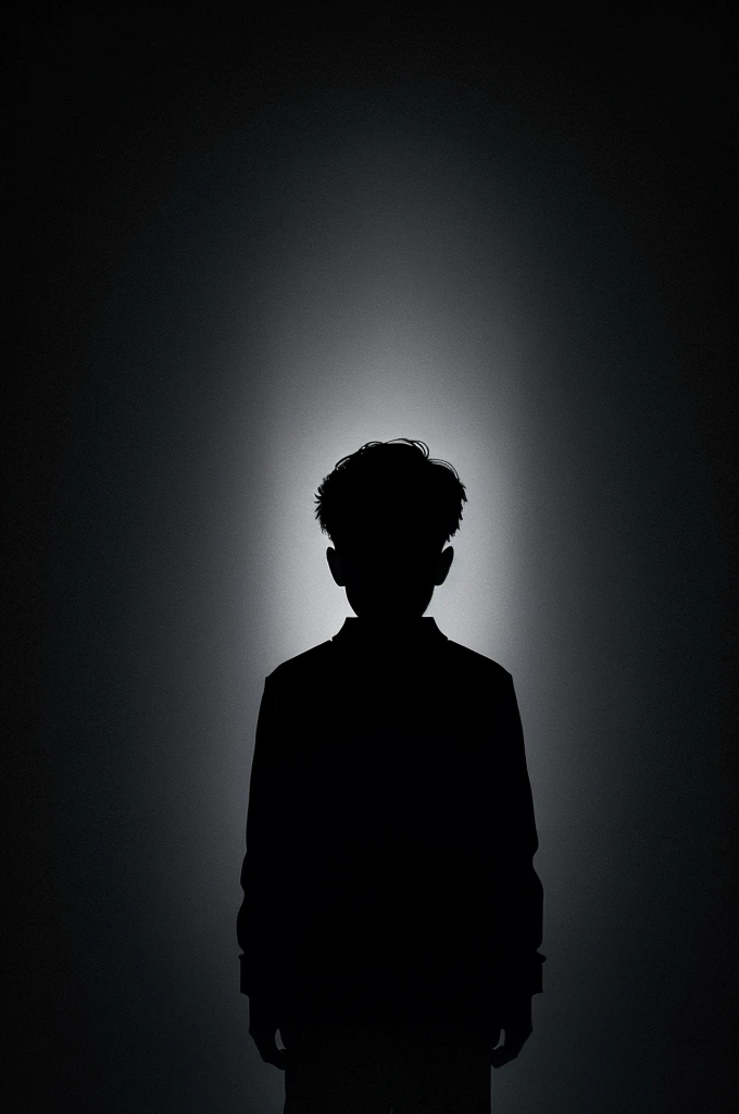 The cover of a dark mystery book, titled "He" including the image of the silhouette of a boy. The cover should have a dark color palette, negro, gray, the only light will be the faint white