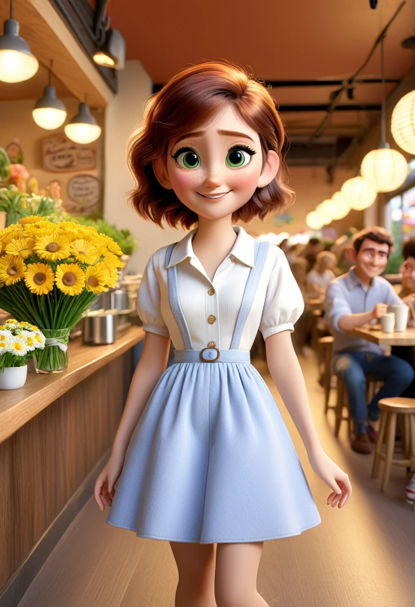 pixar , looking towards the camera White, hazel eyes, happy and with a full body and flowers in hand and in Nashtan cafe with friends