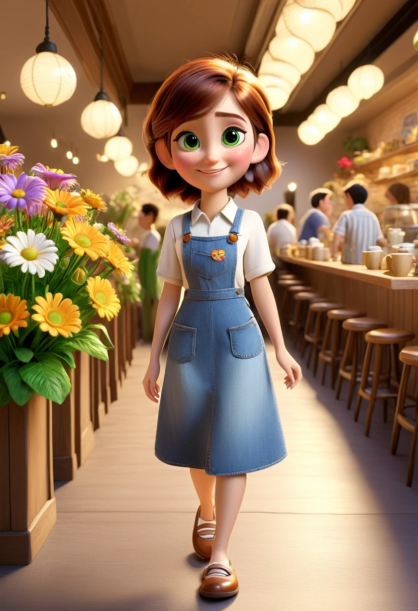 pixar , looking towards the camera White, hazel eyes, happy and with a full body and flowers in hand and in Nashtan cafe with friends