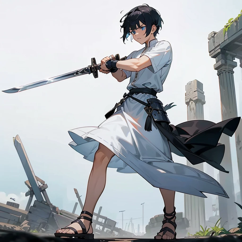 1boys, Full body version, blue eyes, undercut hair, black colour hair, very angry expression, white tunic Ancient Roman clothing, short sleeve shirt, gladiator skirt, gladiator armor, gladiator sandals, Spatha sword in hand, war gesture, Grassroots background 