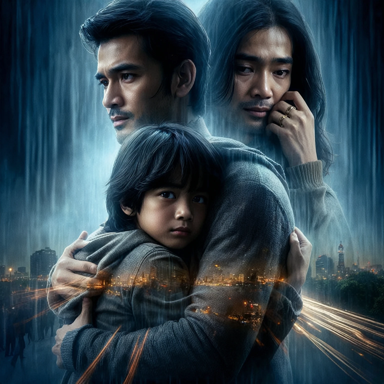 Indonesian romance film poster, about long distance love, close up shot of a man and a 10 year old boy walking in a park while hugging, in the background there is a woman with long hair crying trying to reach at of them, they are gaze at the camera, focus on faces, stunning depiction of a realism surreal film poster, Amazing dark blue background with the shadow of a malay city, fogging effect, city lighting, photorealistic, UHD 1536px, high quality photos.