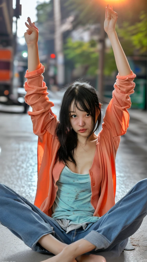 1 korean girl, dirty body, ragged clothes, tattered sleveless mini loose cardigan, hands up, breasts leaked, ultra super thick armpit hair visible, arms raised, spread legs, big labia pussy leaked, no panties, sad expression, poor, homeless, (best quality,4k,8k,highres,masterpiece:1.2),ultra-detailed,(realistic,photorealistic,photo-realistic:1.37), bright lighting, sunny, at street