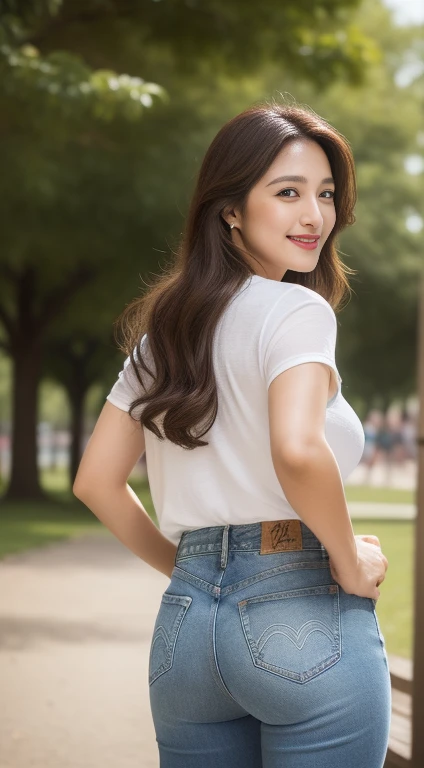 ((Best Masterpiece)), ((High Quality)), ((Real)), ((8k))  ((2 beatiful girls)) ,((white t-shirt and tight denim pants)), indian actress madhuri dixit  30 years old, 2 beauty, slender, sony slr photography, looking at camera, cute, swimwear, nature, real, posing, super high quality, photography, good friend, big beauty, small beauty, parasol, string bun, String bra, alone with two, , moles under eyes, moles around the mouth ((large breasts)) ,cowboy shot,((smile)) ((long hair))  ((bronze hair)), cowboy shot,(in the park),((from behind) ((sweat)) ((Plump:1.2))