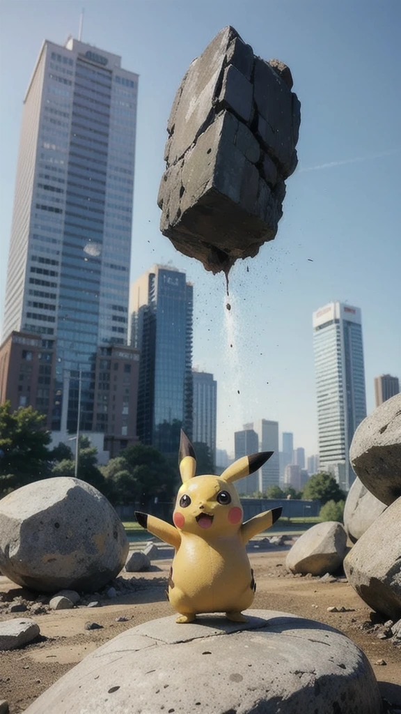 a photograph of pikachu standing on the ground after throwing a giant boulder. The boulder is crashing into a skyscraper and is causing destruction. exaggerated proportions.