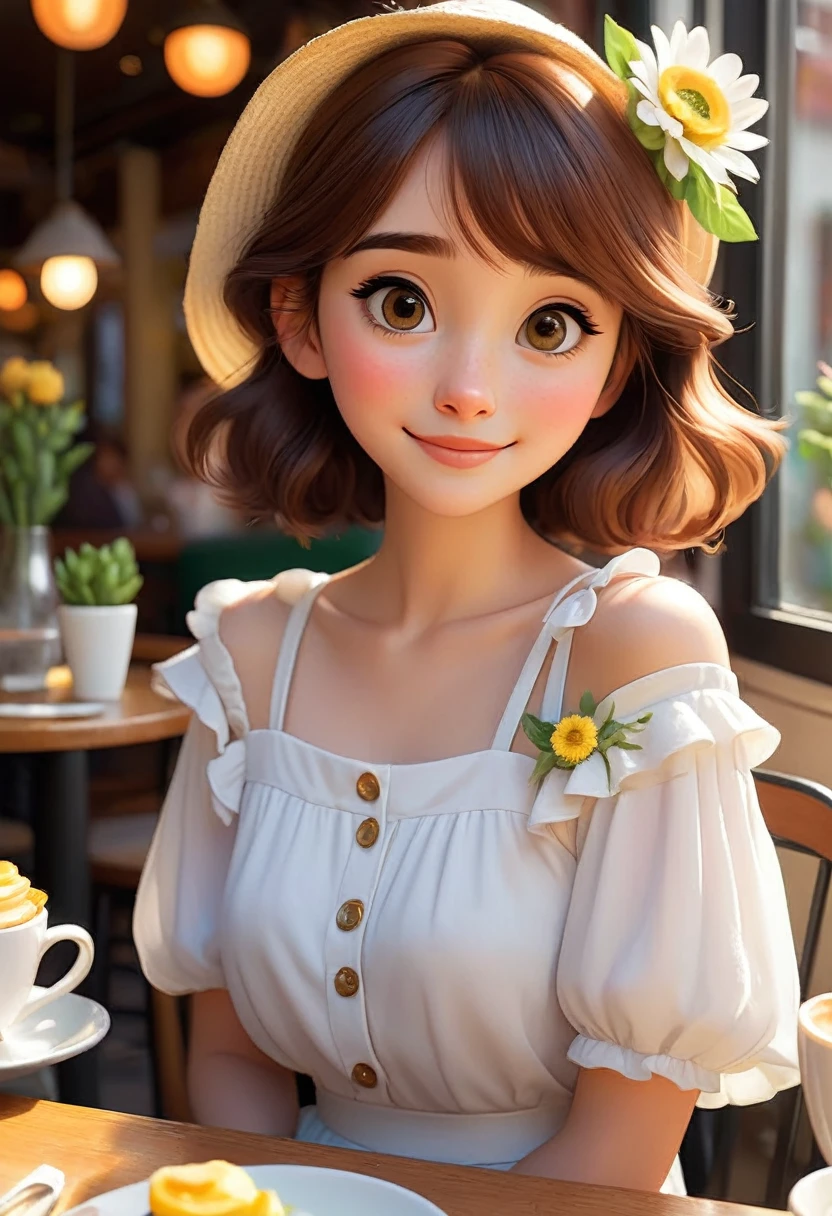 (disney pixar style:1.2) (cute adorable girl:1.1) (adult aged 20:1.), White, hazel eyes, happy and with a full body and flowers in hand and in Nashtan cafe with friends