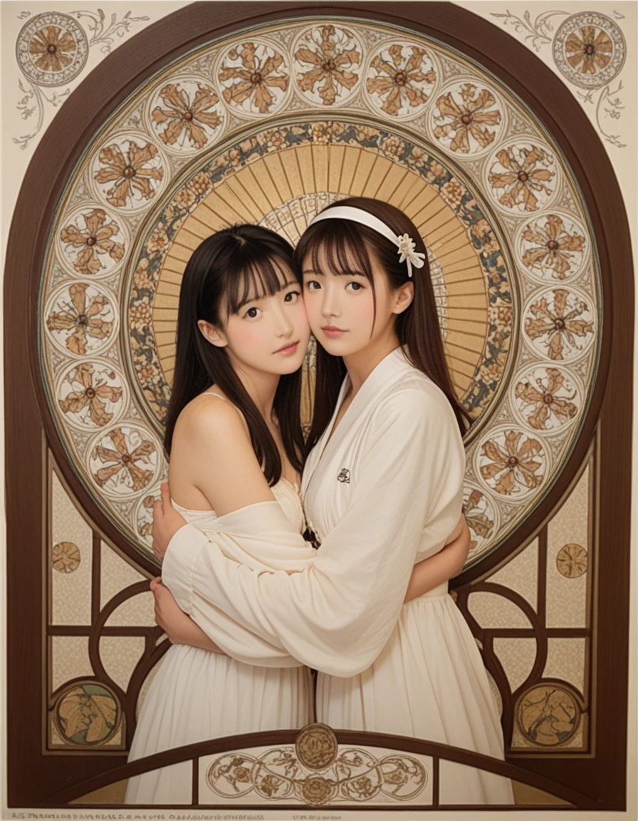 score_9,score_8_up,score_7_up,8k, breasts, (photograph, lomography, cinematic:1.4)
, (masterpiece, best quality, absurdres, 16k:1.4)
, (art nouveau style:1.4)
, (girl, 20yo, Japanese, minato_yukina:1.4)
, (ordinary person, ordinary face)
, dappled sunlight, indoor
, 2girls, hug each other tight