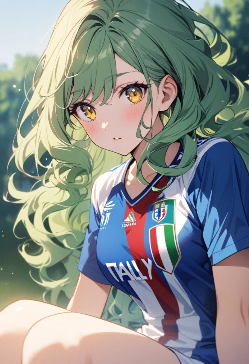 girl, beautiful, curly hair, long hair, yellow eyes, green hair, soccer shirt, italy soccer shirt, blue shirt