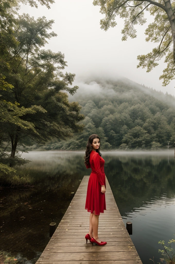 Lake in a forest with fog that lake has pier at the edge of the pier a lady stands with the red dress 