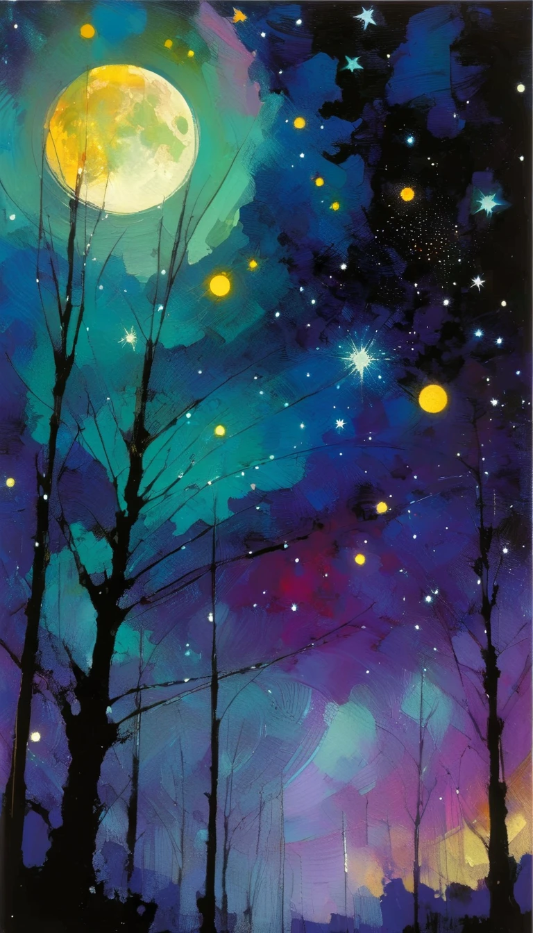magic, fantastic, night sky, moon, stars, background, (simple oil painting in a style to Bill Sienkiewicz)