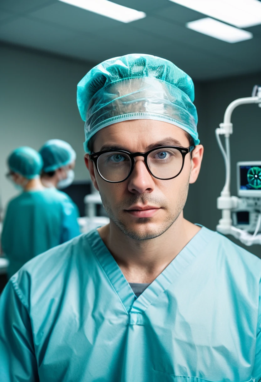 (Wearing Glasses, clear face), doctors wearing frameless glasses in the operating room, with focused eyes under the glasses, showing respect for life. The background is complex surgical equipment, full body, (Photography), panoramic view, award-winning, cinematic still, emotional, vignette, dynamic, vivid, (masterpiece, best quality, Professional, perfect composition, very aesthetic, absurdres, ultra-detailed, intricate details:1.3)