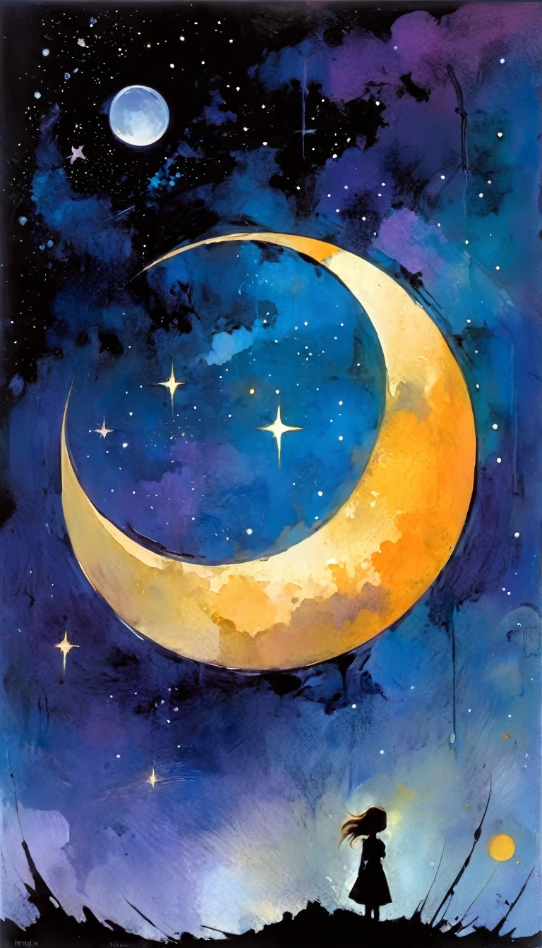 magic, fantastic, night sky, moon, stars, background, (simple oil painting in a style to Bill Sienkiewicz)