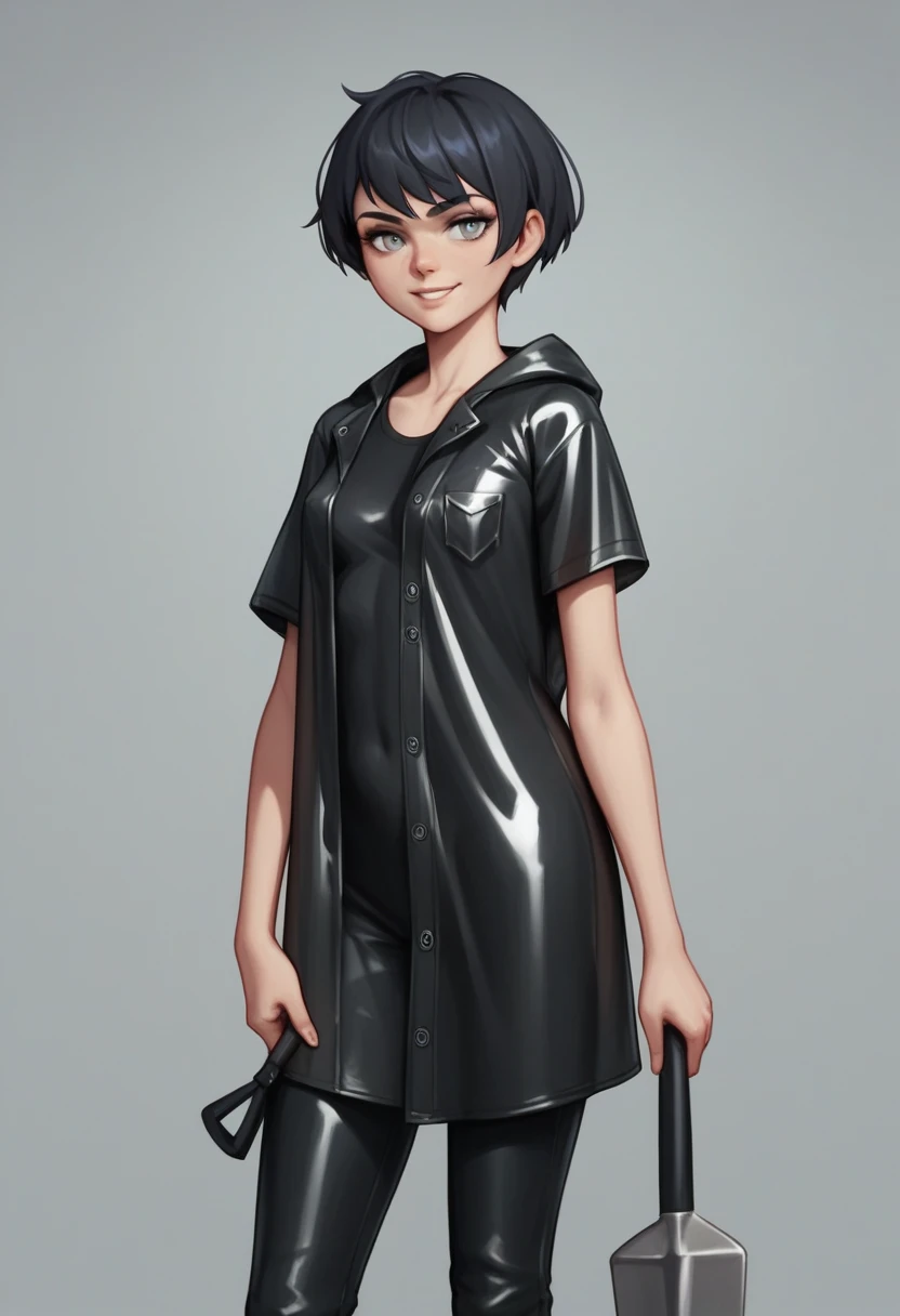 ((very tall girl)), 1 girl, full height, black very short hair, small breasts, in a long ((((black)))) leather raincoat, raincoat unbuttoned, small breasts, gray eyes, smiling, T-shirt and pants under the raincoat, holding a long shovel in his hand, 1 girl in the frame, black raincoat, 1 shovel, gloomy background
