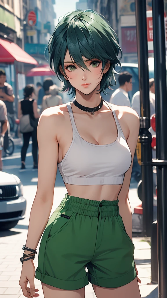 1 Female, Tamaki, green short hair, hair between eyes, Street fashion, boyish