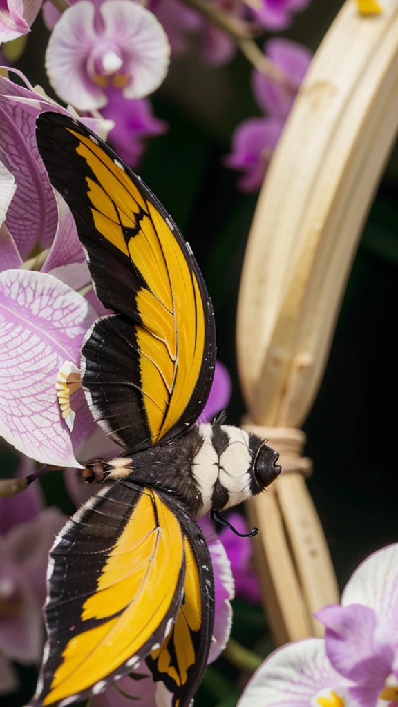Hyper macro photograph detailed, 8k high definition dslr camera, a black butterfly with striking white yellow thorax settle on a purple orchids