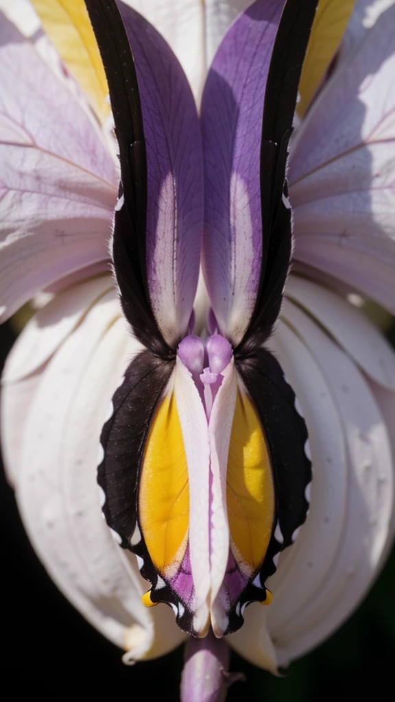 Hyper macro photograph detailed, 8k high definition dslr camera, a black butterfly with striking white yellow thorax settle on a purple orchids